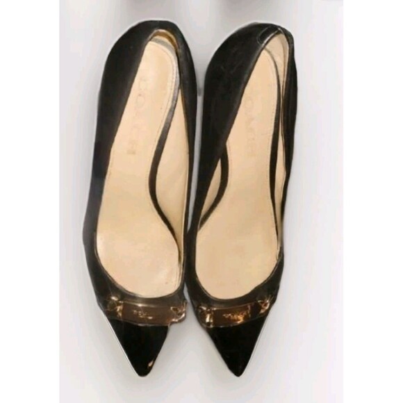 COACH Bowery Black Patent Cap Toe Soft Lambskin Pumps Kitten Heels Gold Sz 6.5 B - Picture 9 of 10